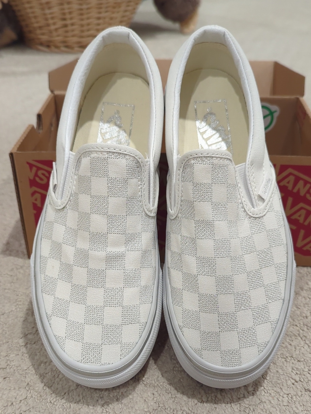 Vans White/Silver Checkerboard Platform Slip-On Sneakers Size 6.5 NEW